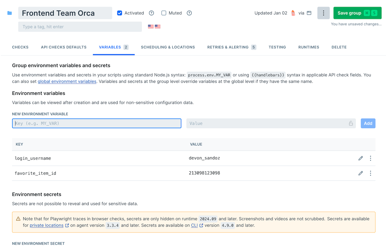 the Checkly Web UI with settings for a group, displaying variables